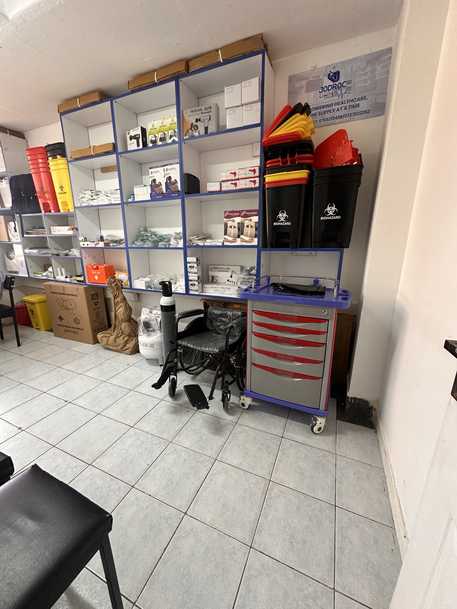 Medical and dental equipment shelved at the Jodroc Nairobi store