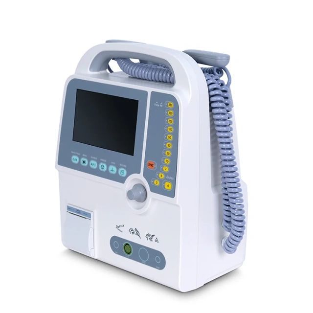 Defibrillator being tested for energy output accuracy against a calibrated analyser