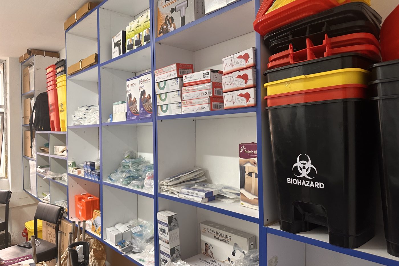 Shelves of medical consumables and equipment at Jodroc Limited in Nairobi