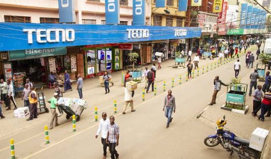 Luthuli Avenue looking east, shopfronts either side