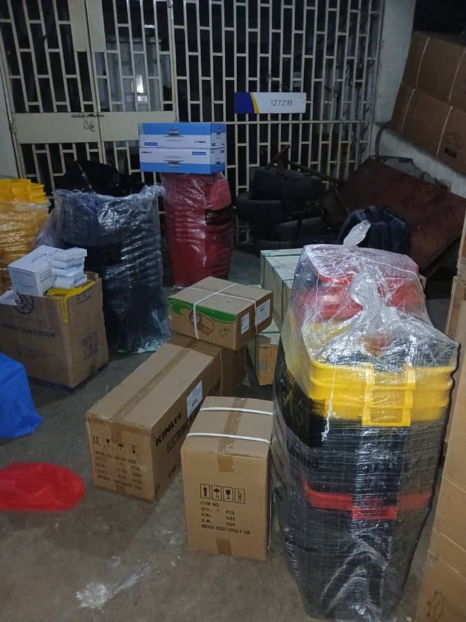 Consumables, bins and boxed equipment staged against the order schedule