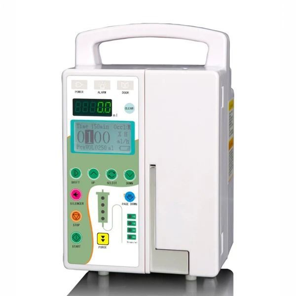 Syringe infusion pump being tested for flow rate accuracy against a reference analyser
